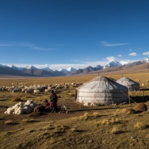 For tibetan rugs article: yurts with piles of raw wool in a vast, high-altitude landscape, with a person standing nearby and a flock of sheep in the background against snow-capped mountains – by rugs on net