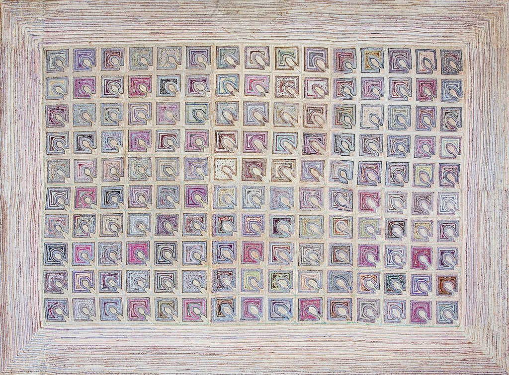 A nearly square antique hooked wool rug featuring a tightly gridded pattern of small, repeating square motifs in soft, faded purples, blues, and pinks on an ivory field, surrounded by a textured, striped border by rugs on net.