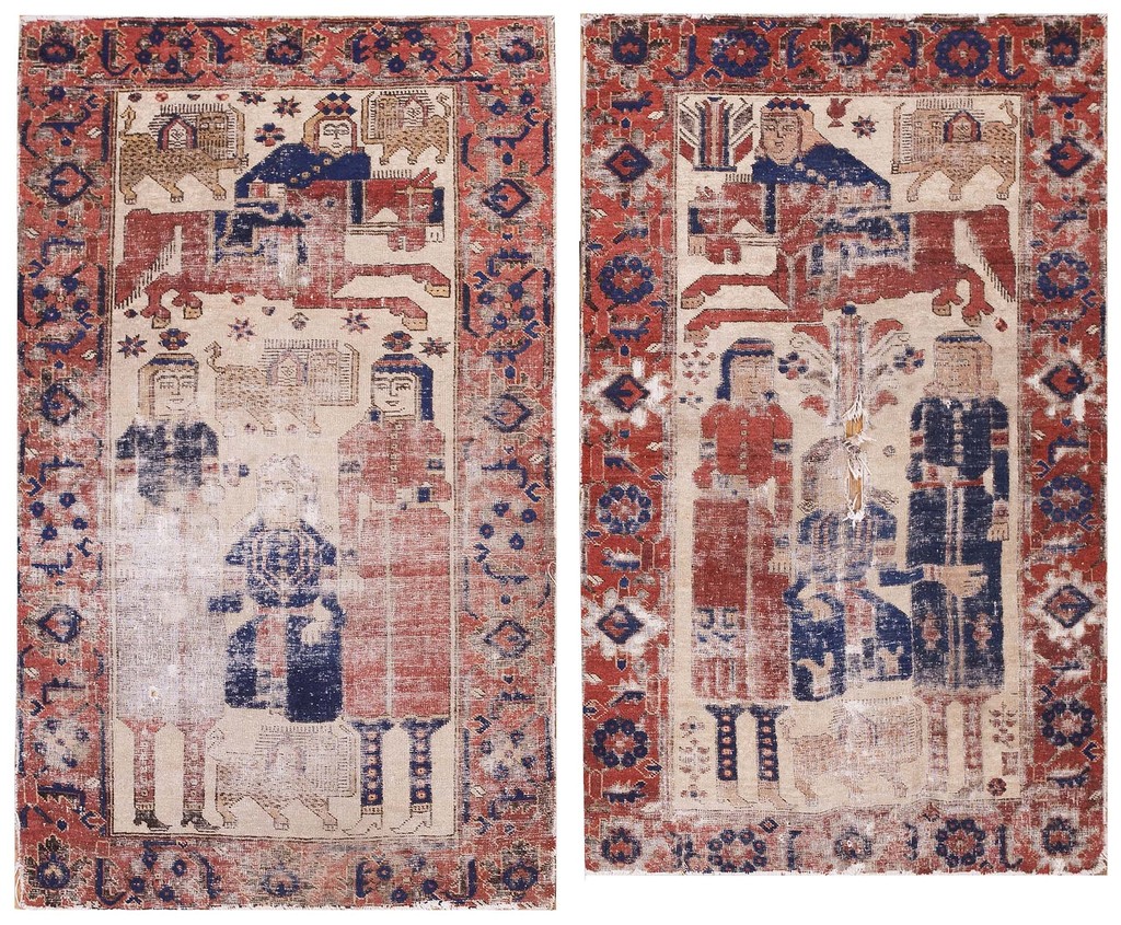 Two panels of an antique baluch rug showing stylized human figures and animals in red, blue, and ivory wool, surrounded by a geometric border by rugs on net.