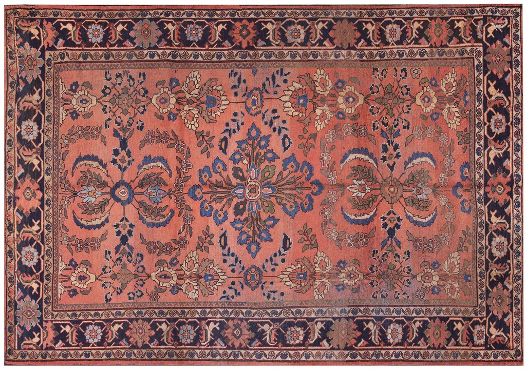 An antique persian wool rug with a dominant coral field featuring stylized floral and botanical motifs in blues, creams, and browns, surrounded by a dark navy border - 6 pointed star by rugs on net.