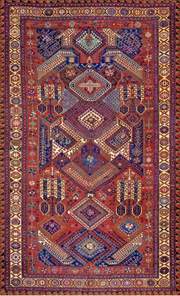 Tribal geometric late 19th century antique caucasian flatweave dragon soumak rug