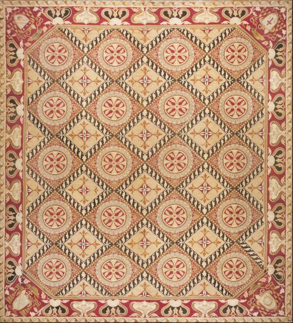 Remarkable geometric design antique square oversized french flat woven needlepoint rug