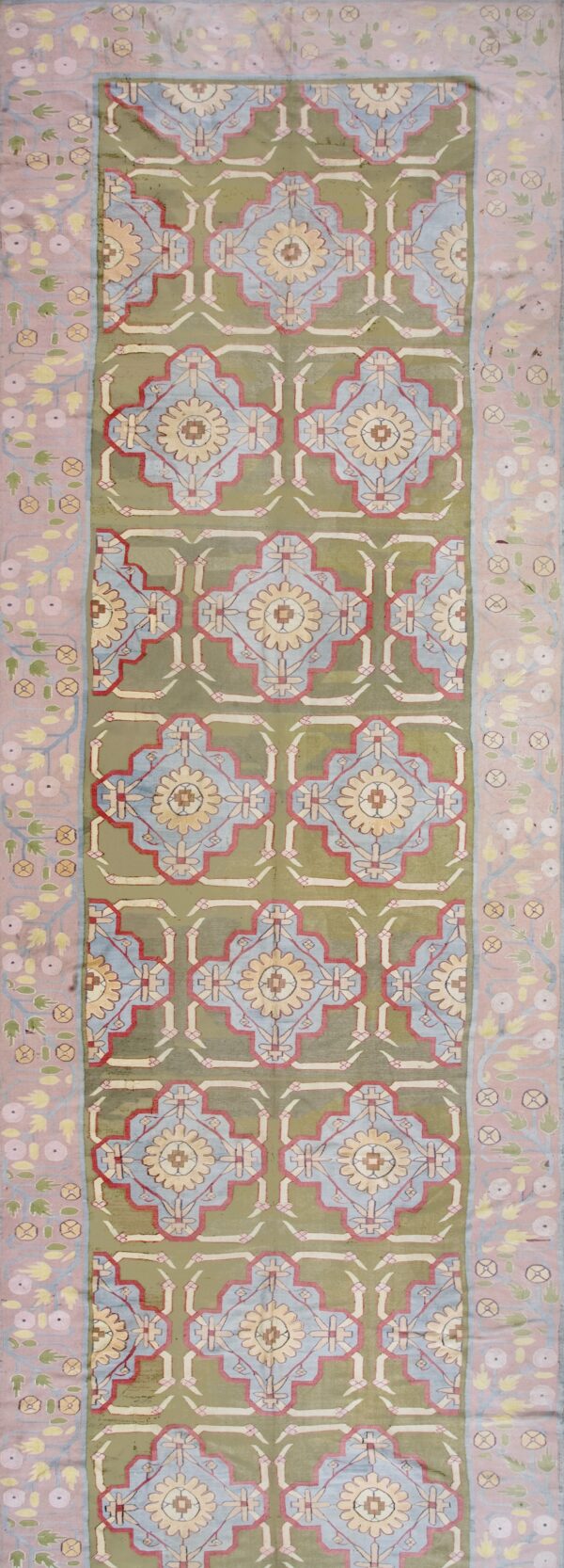 Green color artistic antique indian flatweave cotton dhurrie long and narrow gallery size rug