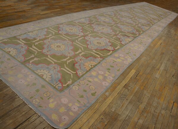 Green color artistic antique indian flatweave cotton dhurrie long and narrow gallery size rug - image 2
