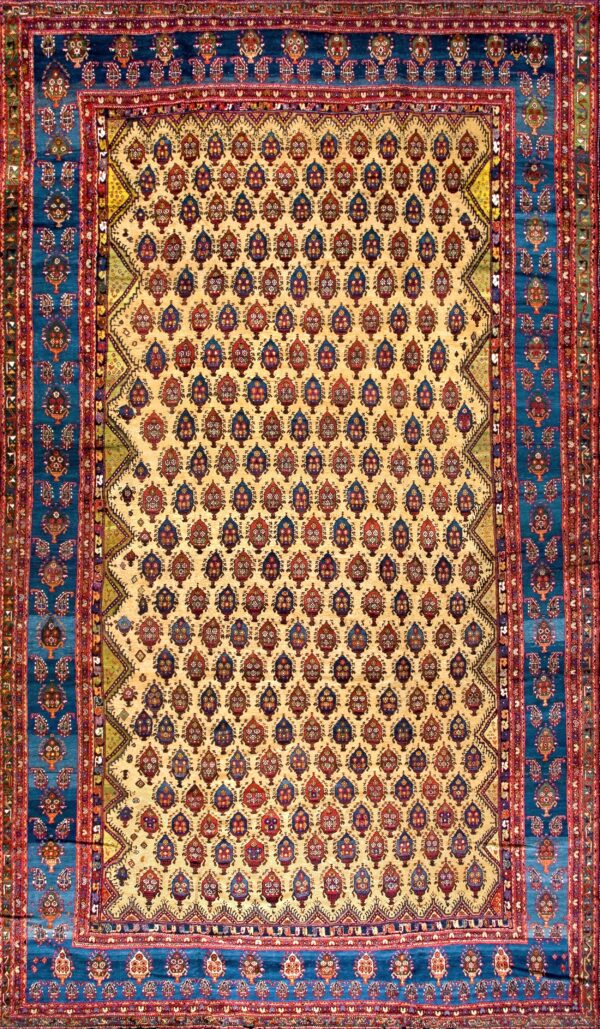 Rare happy yellow with sky blue color antique tribal oversized persian bakhtiari rug by rugs on net