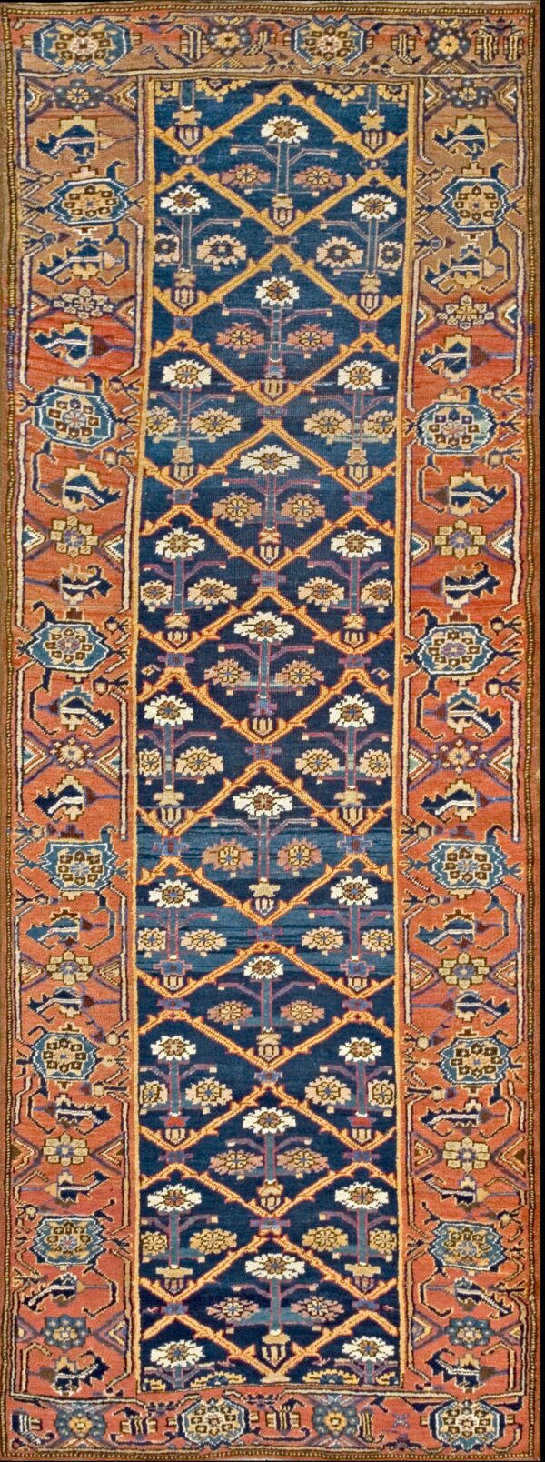 Antique wool pile tribal shrub pattern northwest persian hall runner rug