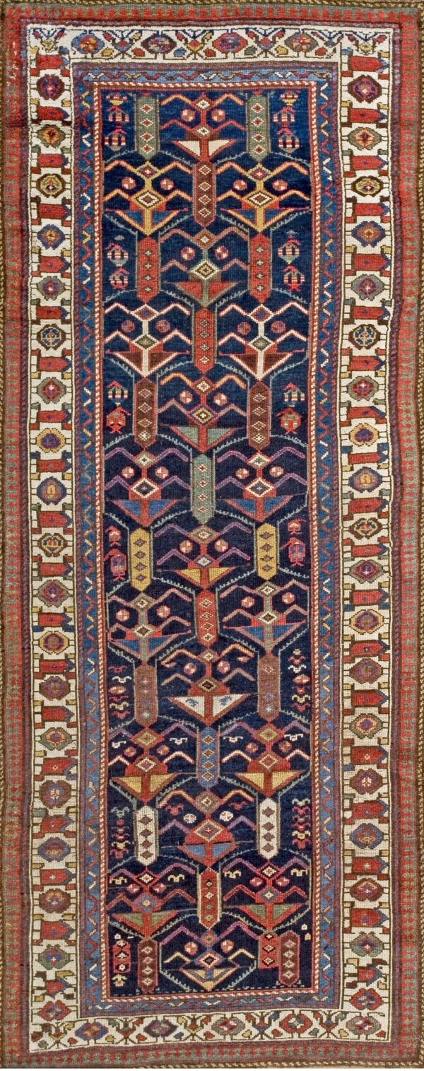 Blue tribal geometric antique wool pile northwest persian hand knotted runner rug