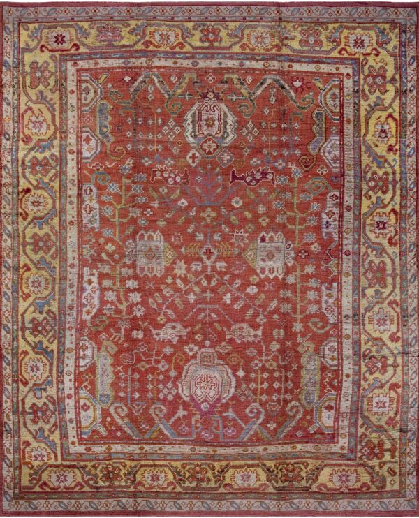 Large scale tribal palmette pattern antique rustic turkish oushak room size rug