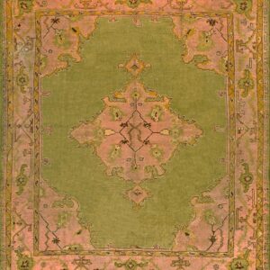 Soft Green Background Tribal Medallion Design Square Antique Turkish Oushak Rug