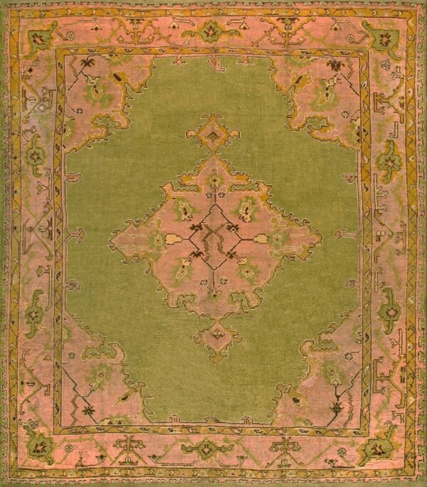 Soft green background tribal medallion design square antique turkish oushak rug