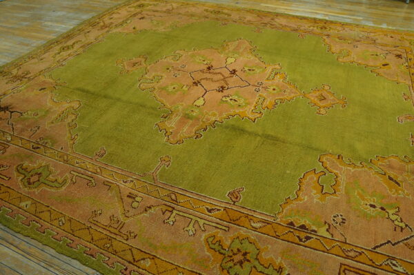 Soft green background tribal medallion design square antique turkish oushak rug - image 2