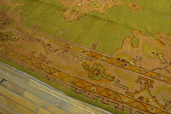 Soft green background tribal medallion design square antique turkish oushak rug - image 3