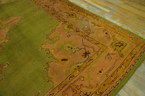 Soft green background tribal medallion design square antique turkish oushak rug - image 4