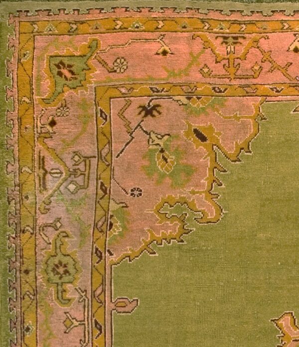 Soft green background tribal medallion design square antique turkish oushak rug - image 5