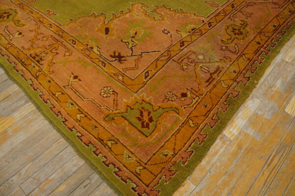 Soft green background tribal medallion design square antique turkish oushak rug - image 8