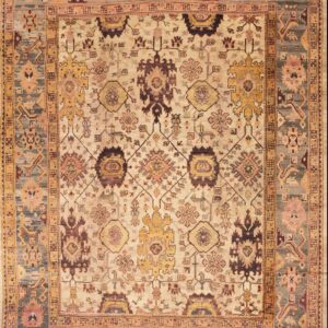 Large Ivory Background Allover Tribal Design Antique Turkish Oushak Carpet