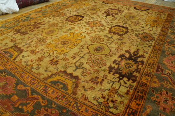 Large ivory background allover tribal design antique turkish oushak carpet - image 7