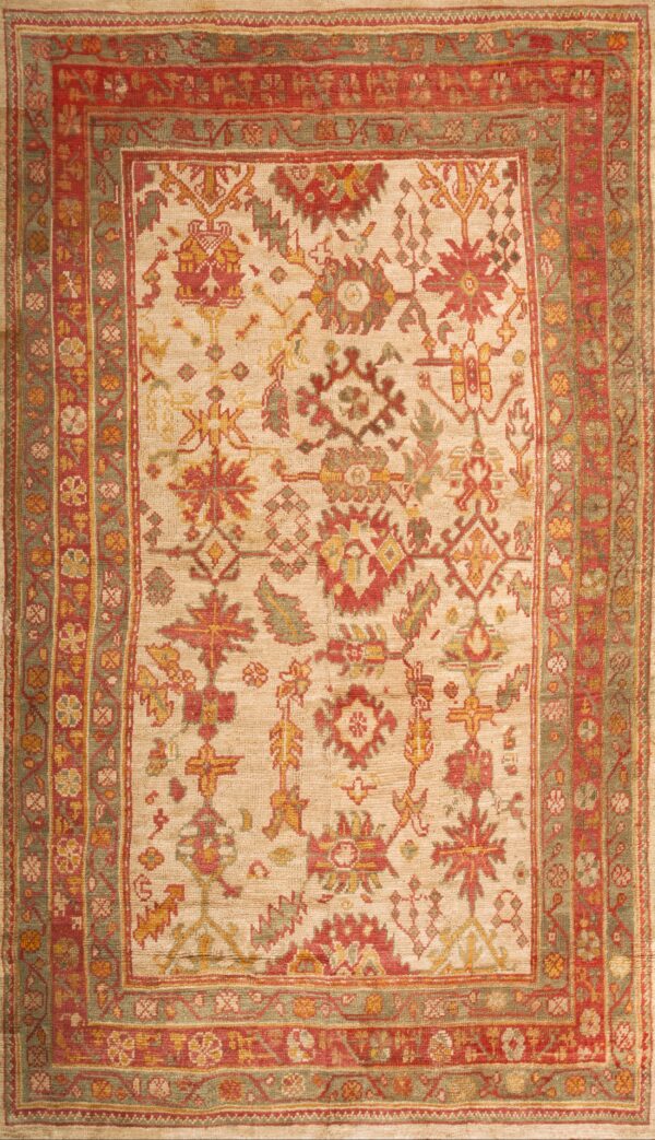 Decorative light ivory color tribal large scale antique turkish room size oushak rug