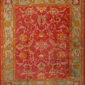 Red Background With Jewel Tones Tribal Allover Design Antique Turkish Oushak Rug