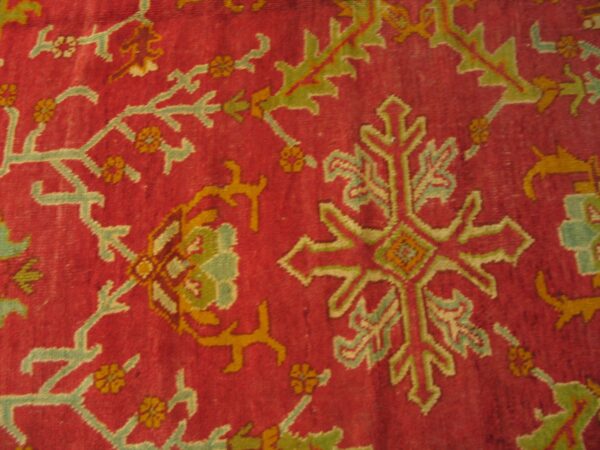 Red background with jewel tones tribal allover design antique turkish oushak rug - image 2