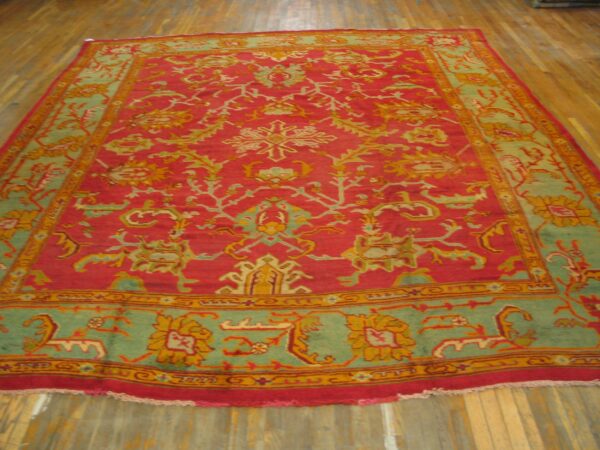Red background with jewel tones tribal allover design antique turkish oushak rug - image 3