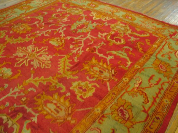 Red background with jewel tones tribal allover design antique turkish oushak rug - image 4