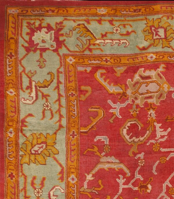 Red background with jewel tones tribal allover design antique turkish oushak rug - image 5