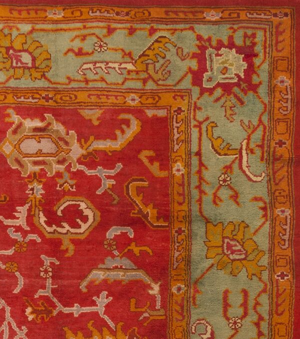 Red background with jewel tones tribal allover design antique turkish oushak rug - image 6
