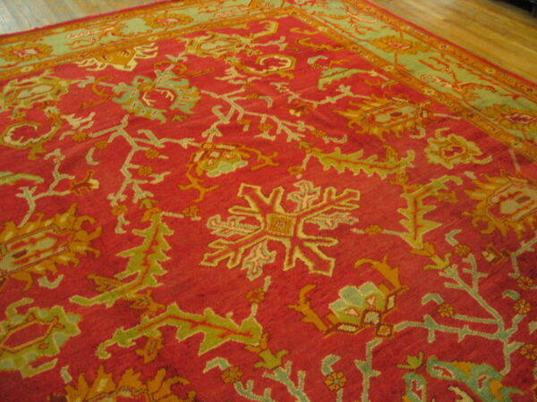 Red background with jewel tones tribal allover design antique turkish oushak rug - image 7