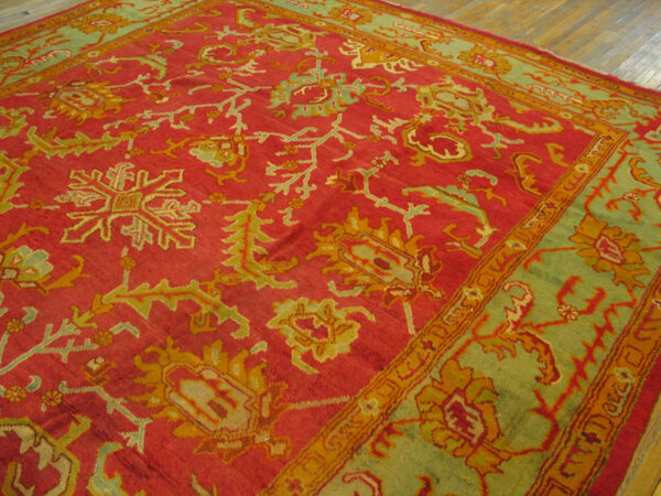 Red background with jewel tones tribal allover design antique turkish oushak rug - image 8