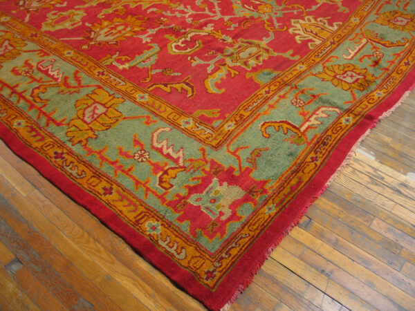Red background with jewel tones tribal allover design antique turkish oushak rug - image 9