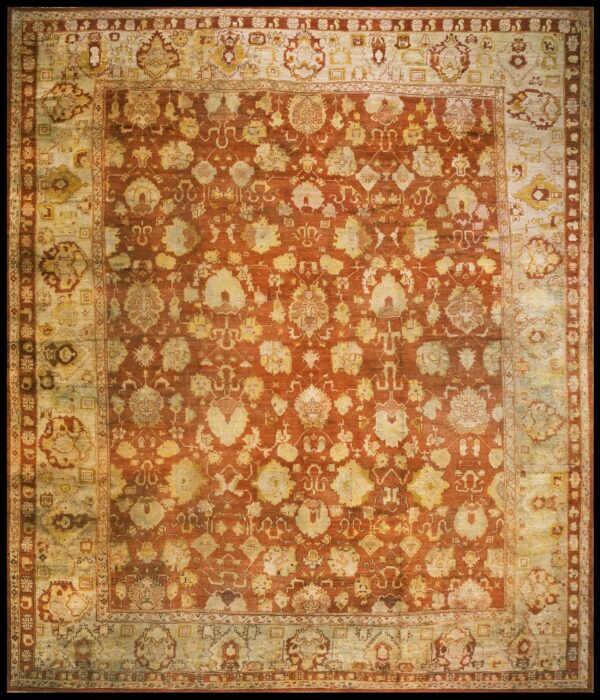 Large scale tribal pattern antique rustic coral color big turkish oushak rug