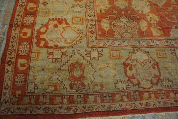 Large scale tribal pattern antique rustic coral color big turkish oushak rug - image 2