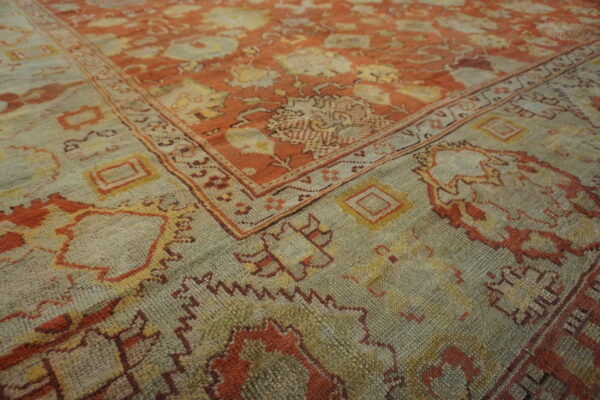 Large scale tribal pattern antique rustic coral color big turkish oushak rug - image 3