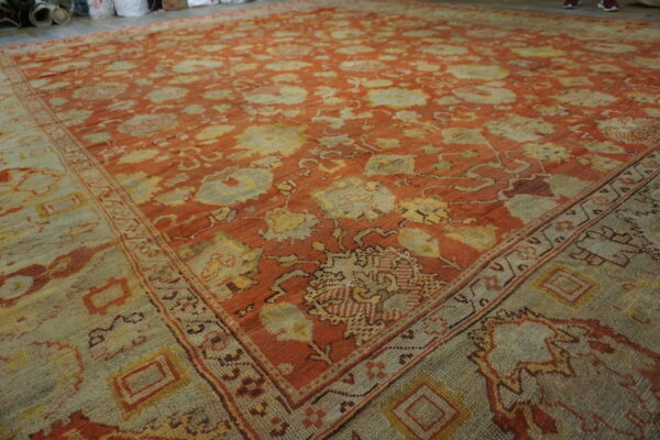 Large scale tribal pattern antique rustic coral color big turkish oushak rug - image 4
