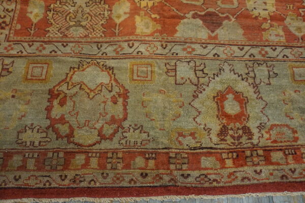 Large scale tribal pattern antique rustic coral color big turkish oushak rug - image 5