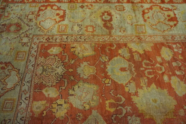 Large scale tribal pattern antique rustic coral color big turkish oushak rug - image 6