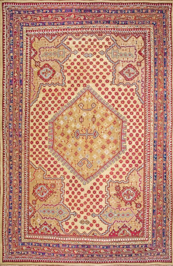 Unique hexagonal medallion design antique tribal turkish oushak rug