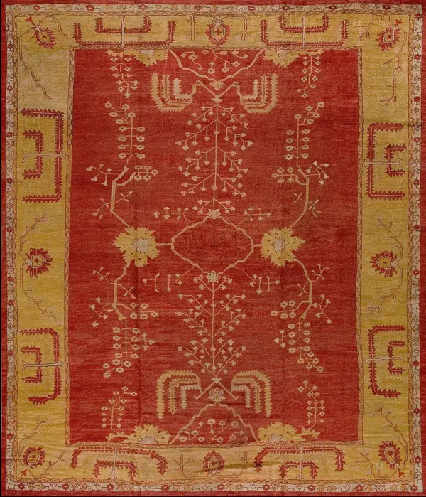 Antique warm red field tribal geometric weeping willow design turkish oushak rug by rugs on net