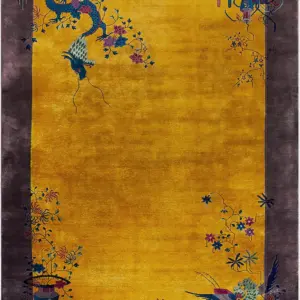 Antique Yellow Gold Open Filed Art Deco Chinese Dragon Bird Of Paradise Rug by Rugs On Net