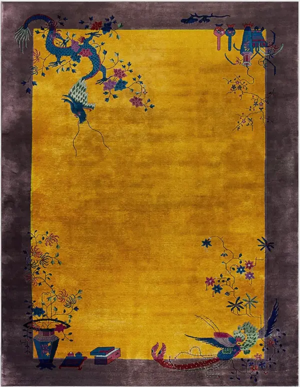 Antique yellow gold open filed art deco chinese dragon bird of paradise rug by rugs on net