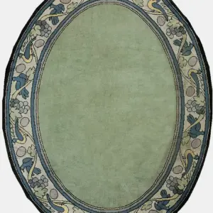 Artistic Solid Green Color Field Oval Antique Bird Border Pattern English Art Deco Noel Simmons Rug by Rugs On Net