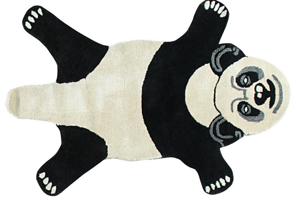 A black and white shaped rug depicting a cartoon panda lying on its back with all four paws sticking out, by rugs on net