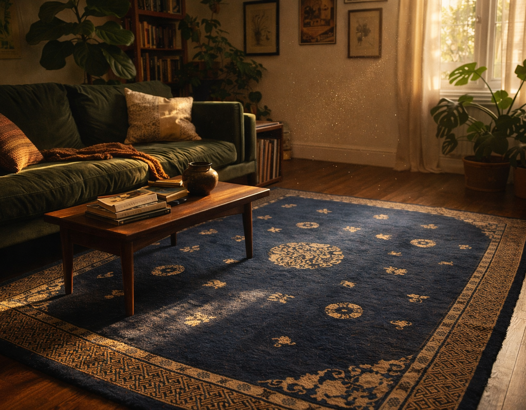 A deep blue area rug with gold traditional motifs anchors a cozy living room with a green velvet sofa. By rugs on net