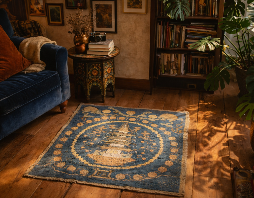 A small, square blue and gold rug with a central mythical design rests on warm wood floors in a richly decorated, cozy room. By rugs on net