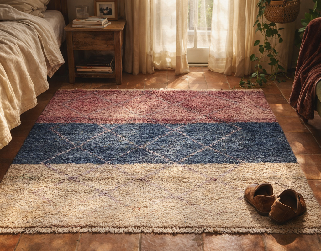 Shaggy, colorful, striped berber-style rug in a sunlit bedroom with terracotta floors. By rugs on net
