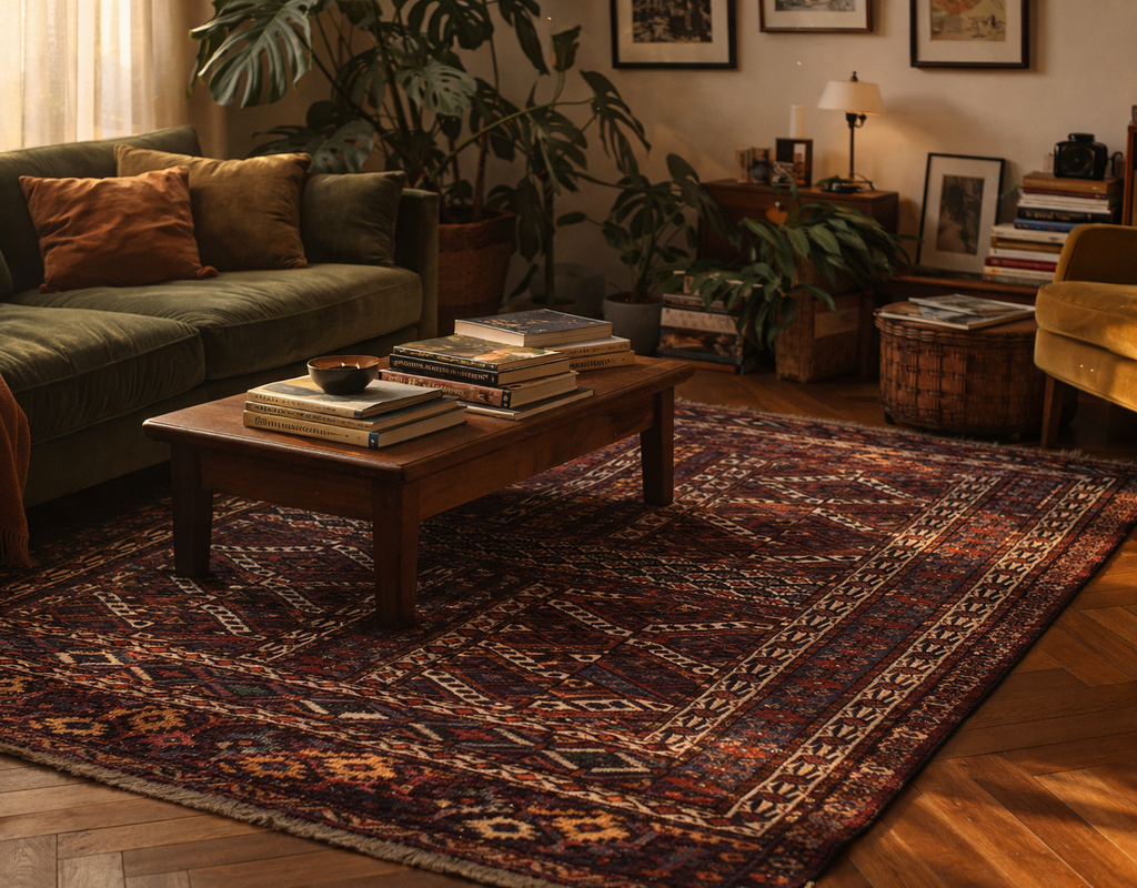 A richly patterned, dark burgundy oriental rug anchoring a cozy living room with a velvet green sofa. By rugs on net