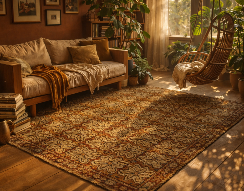 Warm bohemian living room with a patterned earth-toned rug, wooden daybed, and hanging rattan chair. By rugs on net