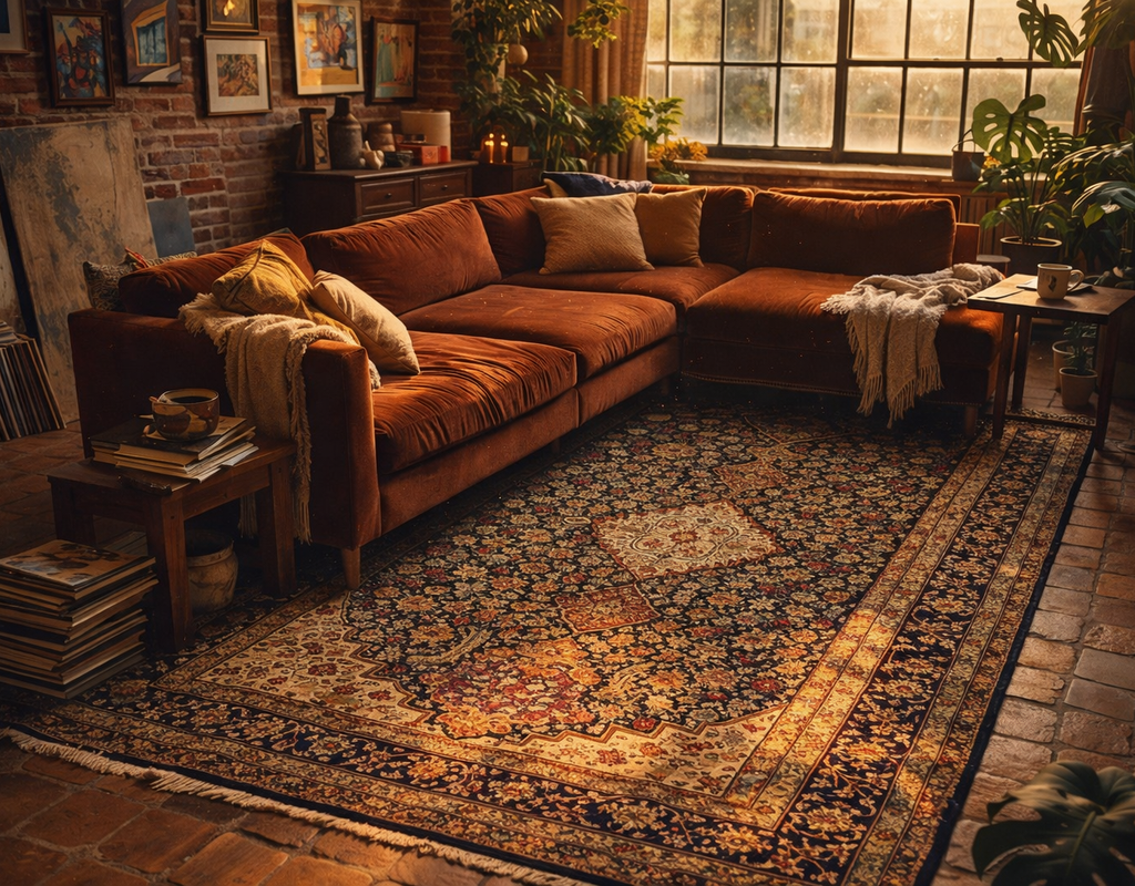 Warm, bohemian living room with a large rust-colored sectional over a dark, intricately patterned persian rug. By rugs on net