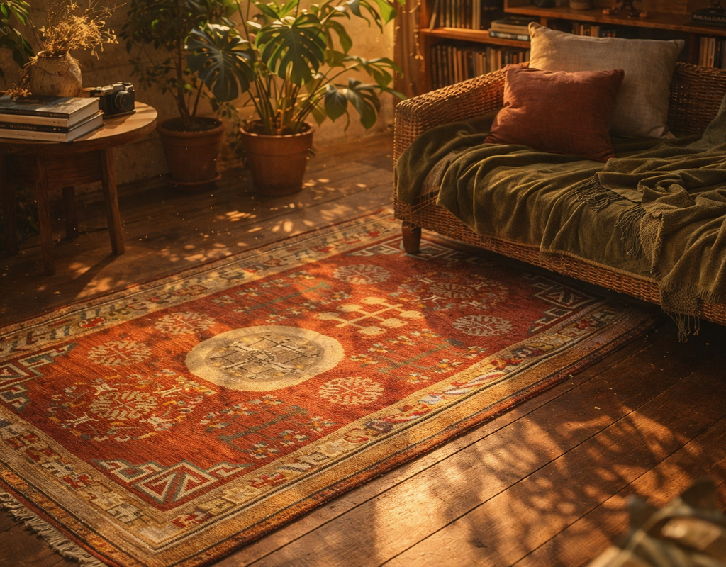 A richly colored, patterned area rug in warm reds and creams sits on dark wood flooring next to a wicker sofa. By rugs on net